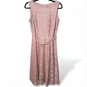 Danny and Nicole Pink Lace Fit Flare Midi Dress Women Size 6 Sleeveless Bow Belt